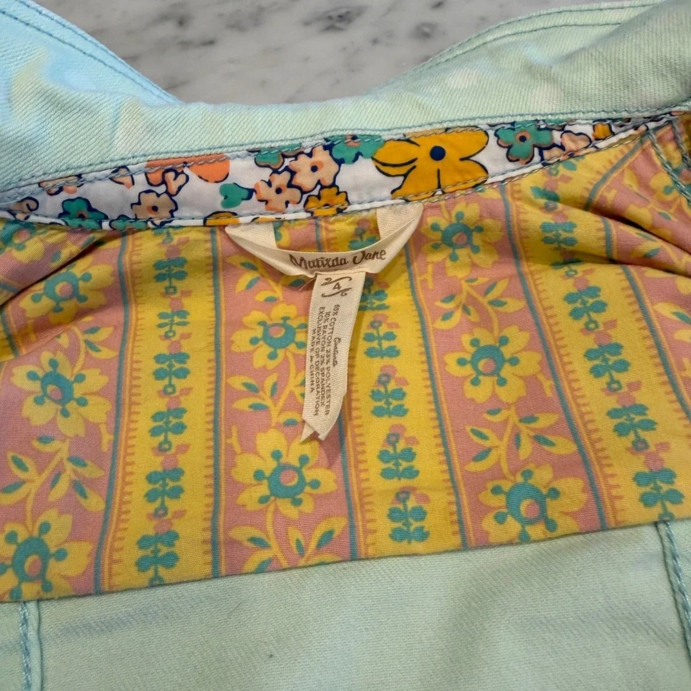 Matilda Jane Mint‎ Green Polka Dot Denim Jacket Floral Trim Girls Size 4